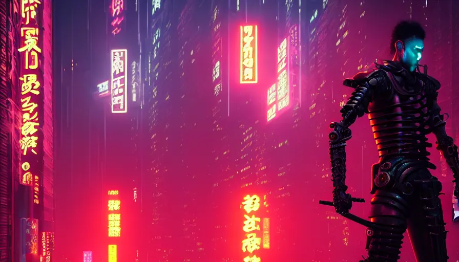 Samurai overlooking a neon-lit cyberpunk city