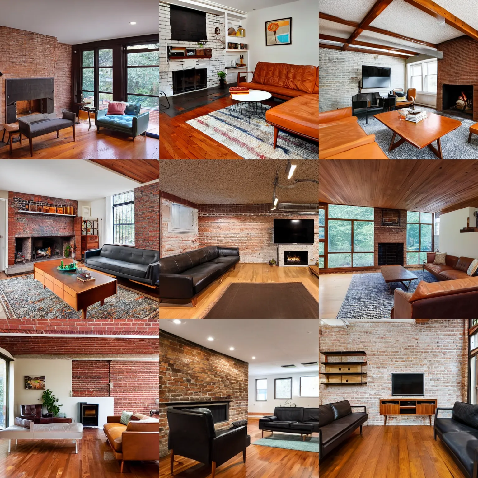 KREA Midcentury modern basement, wooden floors, brick fireplace