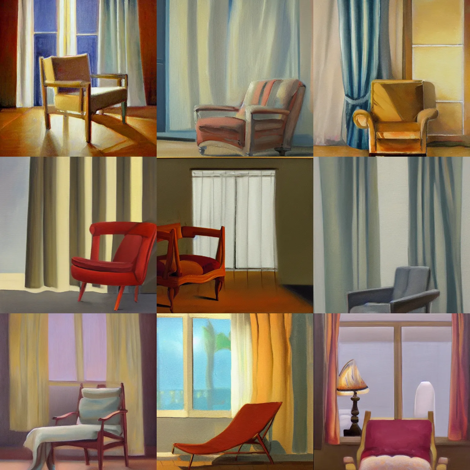 KREA still life painting of a lounge chair in front of closed