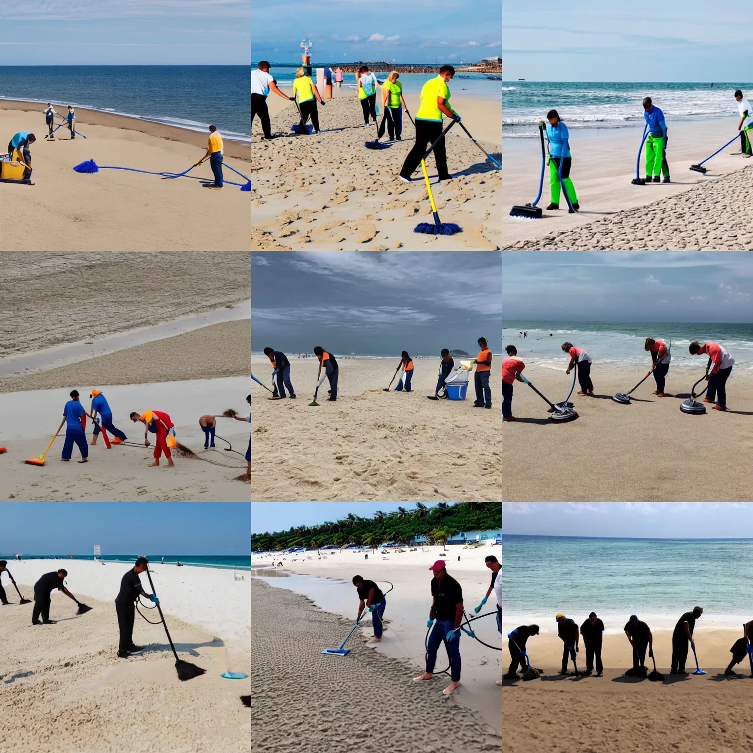 KREA A group of cleaners vacuuming and mopping a beach to clean the sand