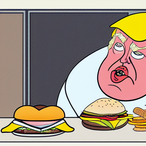 a close - up portrait of obese donald trump eating a massive cheeseburger by chris ware a close - up portrait of obese donald trump eating a massive cheeseburger by chris ware