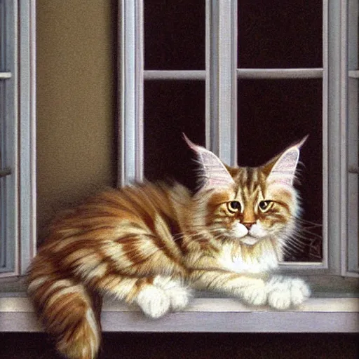 KREA portrait cream color maine coon cat curled up, bay window sofa