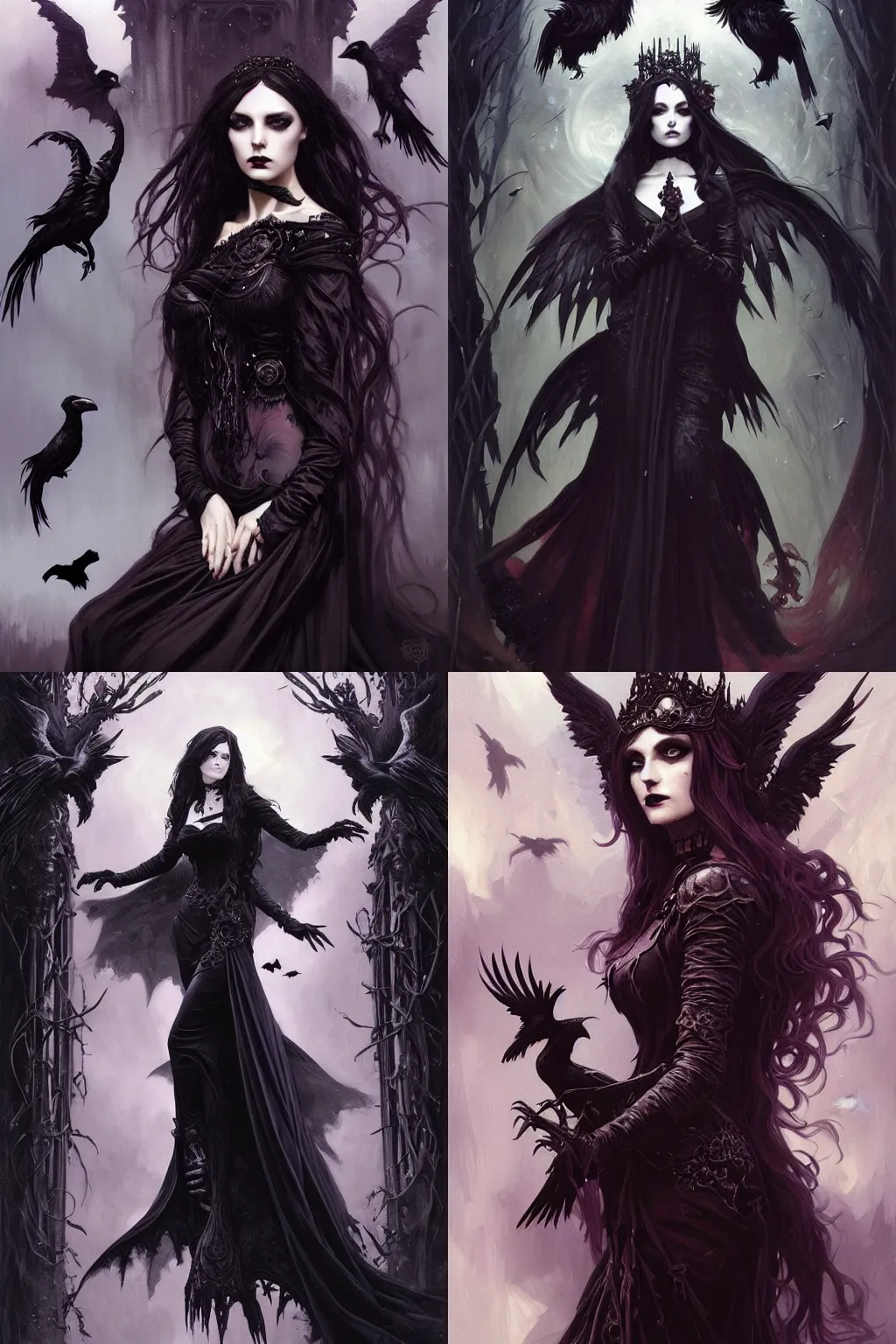 KREA oil painting of a gothic enchantress surrounded by ravens, dark