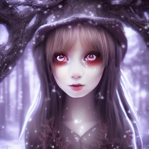portrait of beautiful darkness witch 3D anime girl, dark forest background, snowing, bokeh, inspired by Tim portrait of beautiful darkness witch 3D anime girl, dark forest background, snowing, bokeh, inspired by Tim