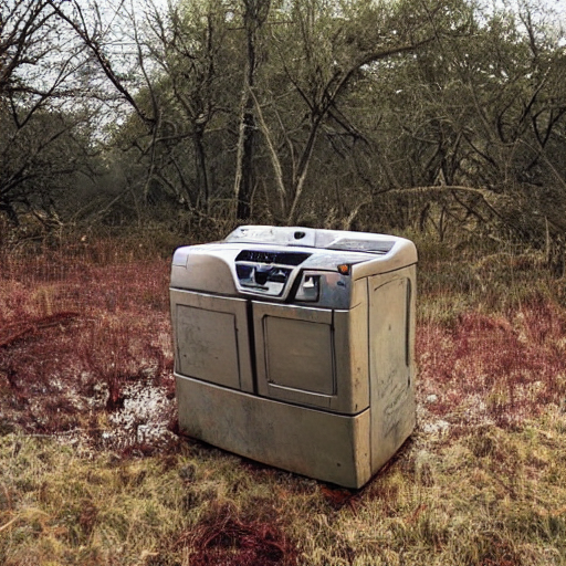 KREA in a dried out field, rusted washing machine, burning washing