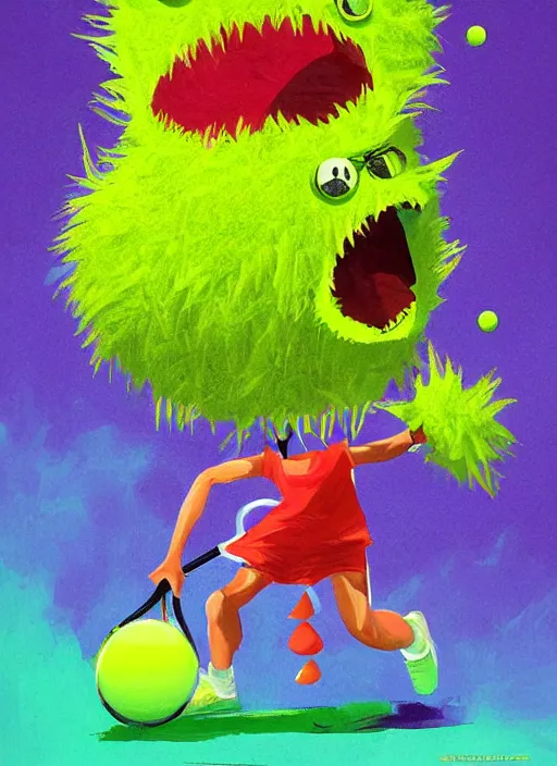 KREA tennis ball monsters playing tennis, a tennis ball monster