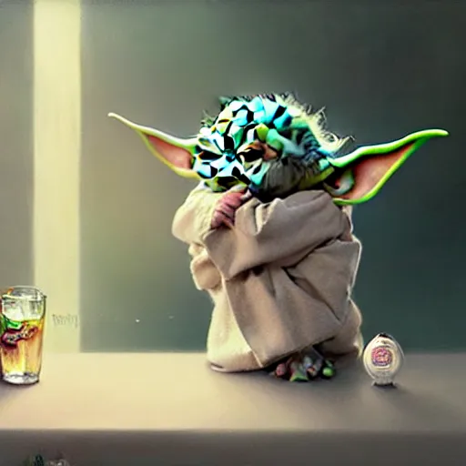 KREA Baby yoda drinking soda, highly detailed, digital painting