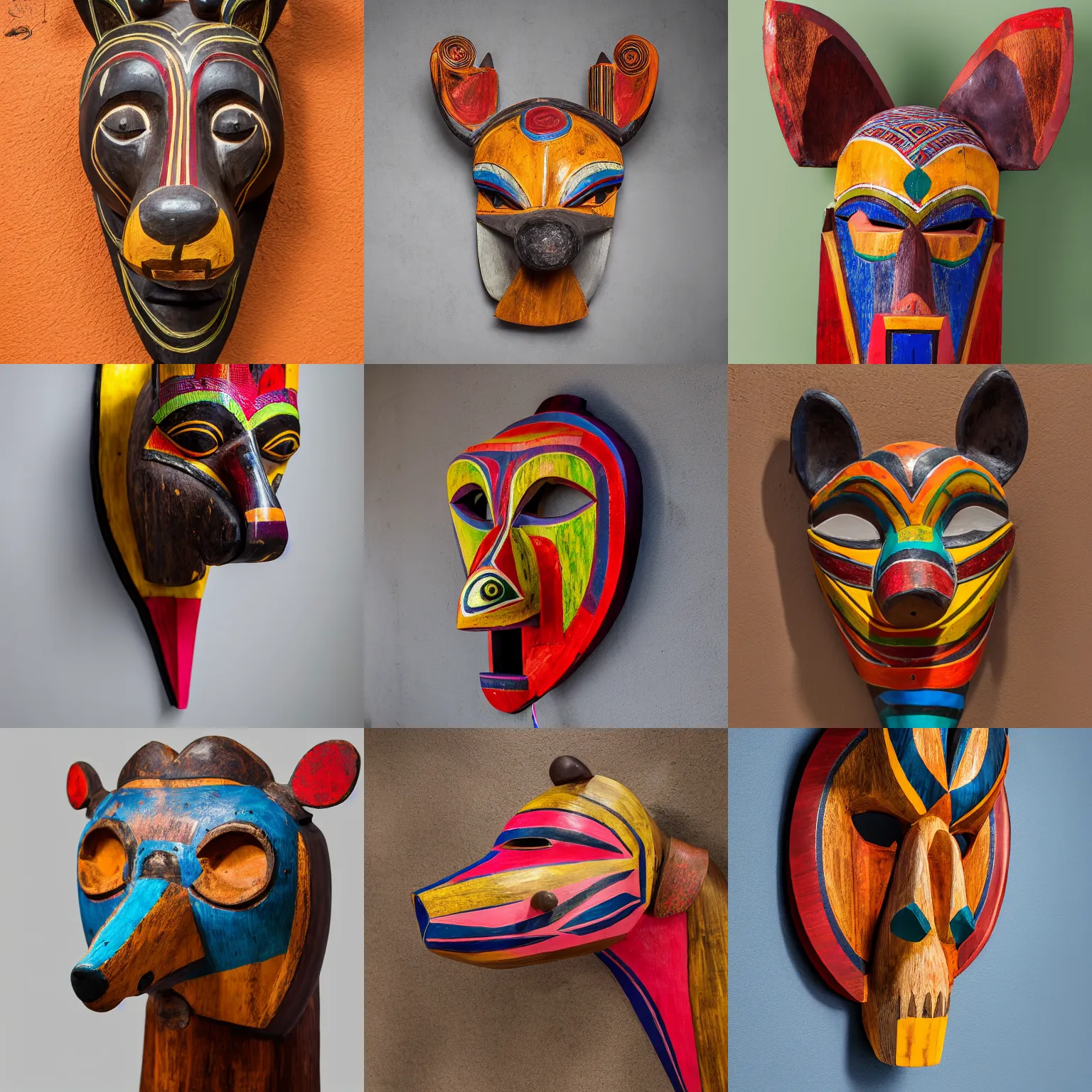 KREA a colorful wooden African mask of a dog, wall decoration, handmade, tactile, detailed