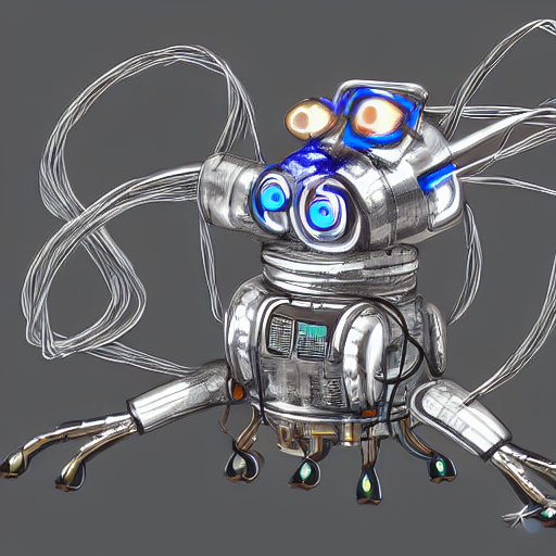a robot with metal plating, hydraulics, and exposed wires. It has a