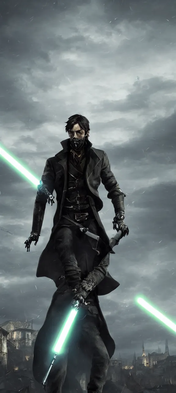 KREA portrait of corvo attano wearing odm gear standing in a menacing