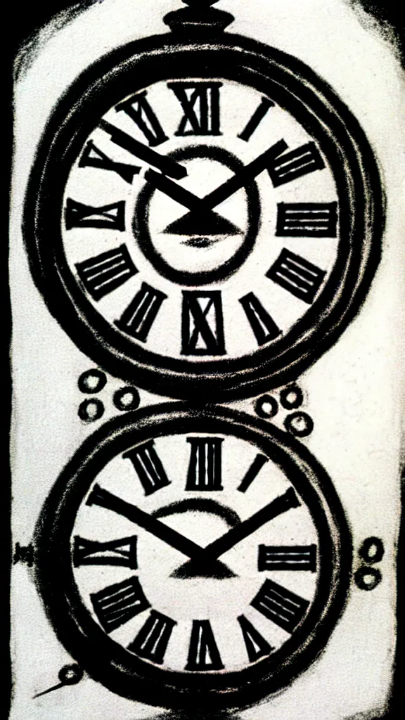KREA a grainy photocopy of an ink illustration of a clock with occult