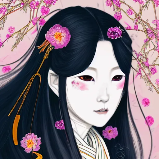 portrait of the japanese moon princess kaguya hime with long flowing black hair wearing an ornate portrait of the japanese moon princess kaguya hime with long flowing black hair wearing an ornate