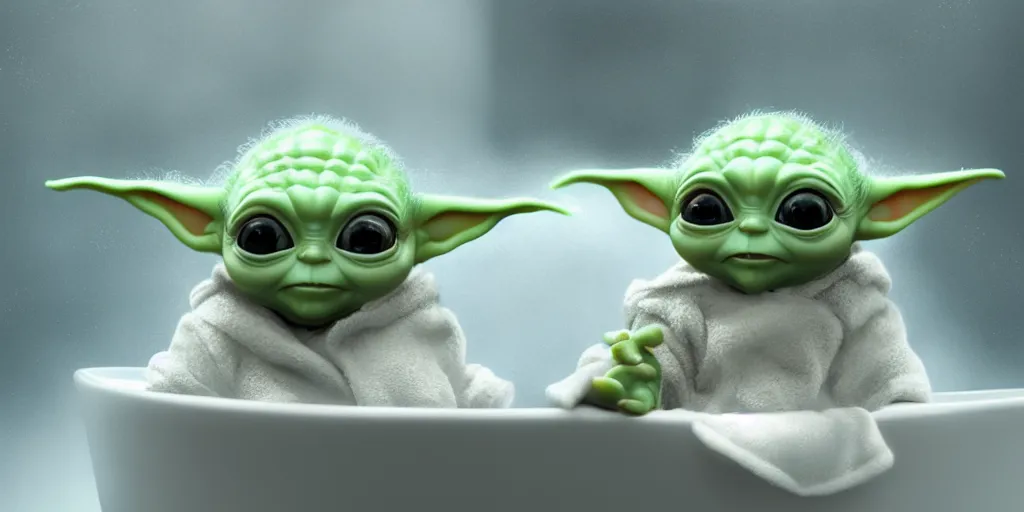 KREA Baby Yoda sitting in a tub taking a bubble bath, hyperdetailed