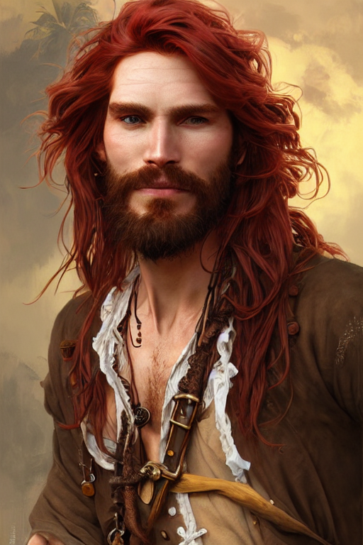 portrait of a young ruggedly handsome but joyful pirate, male, masculine, full body, red hair, waist long hair, d & d, gold earring, fantasy, intricate, elegant, highly detailed, digital painting, artstation, concept portrait of a young ruggedly handsome but joyful pirate, male, masculine, full body, red hair, waist long hair, d & d, gold earring, fantasy, intricate, elegant, highly detailed, digital painting, artstation, concept