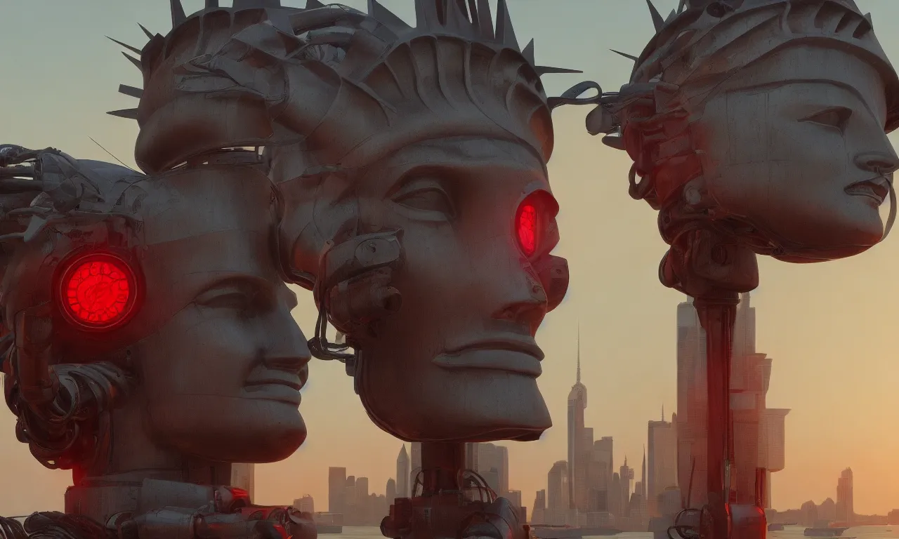 KREA statue of liberty robot head looking over the harbor, by asher