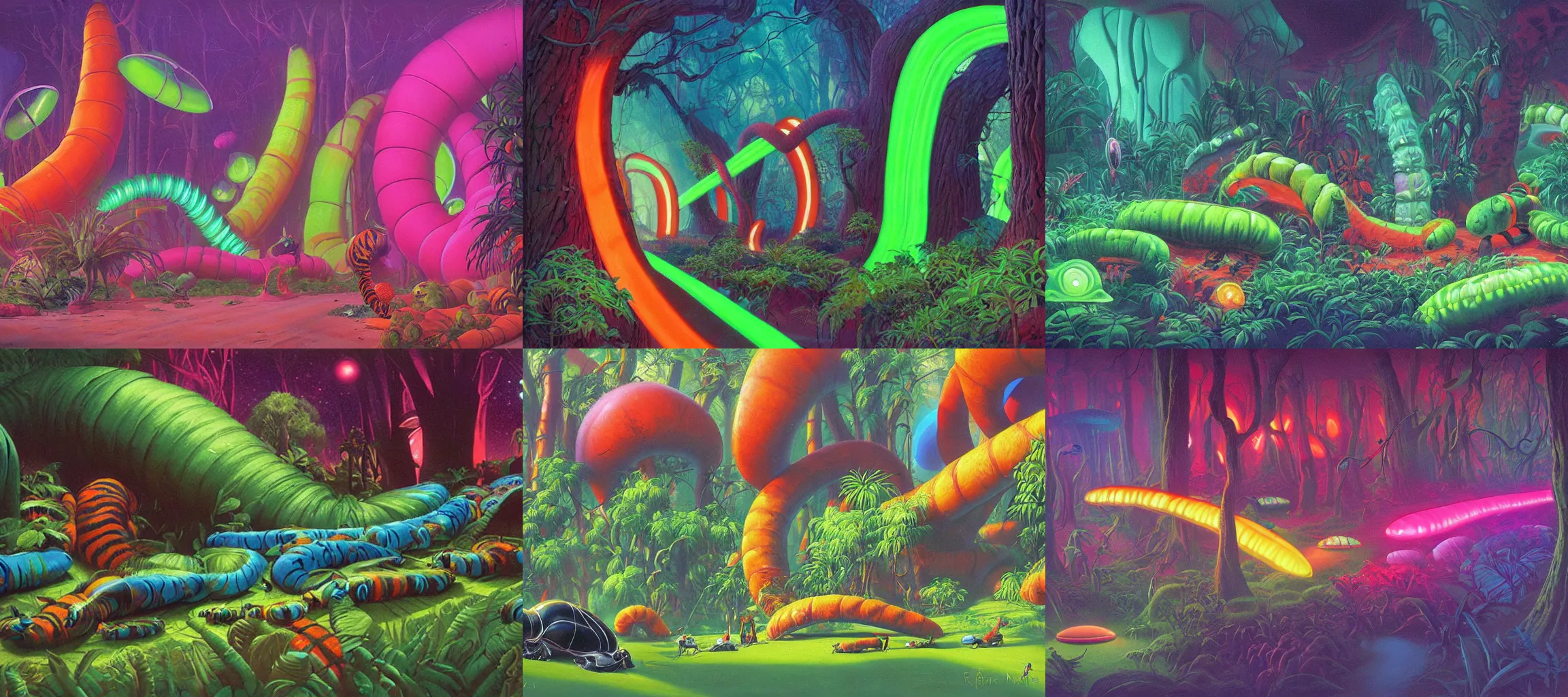 KREA neon jungle, giant fluorescent fungi, giant caterpillars