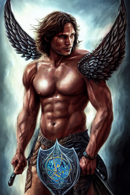 front portrait of attractive sam winchester as a muscular warrior angel