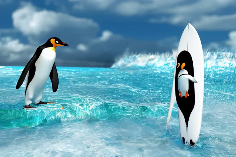 KREA - penguin surfing on a bong shaped surfboard, high-quality 4k 3D
