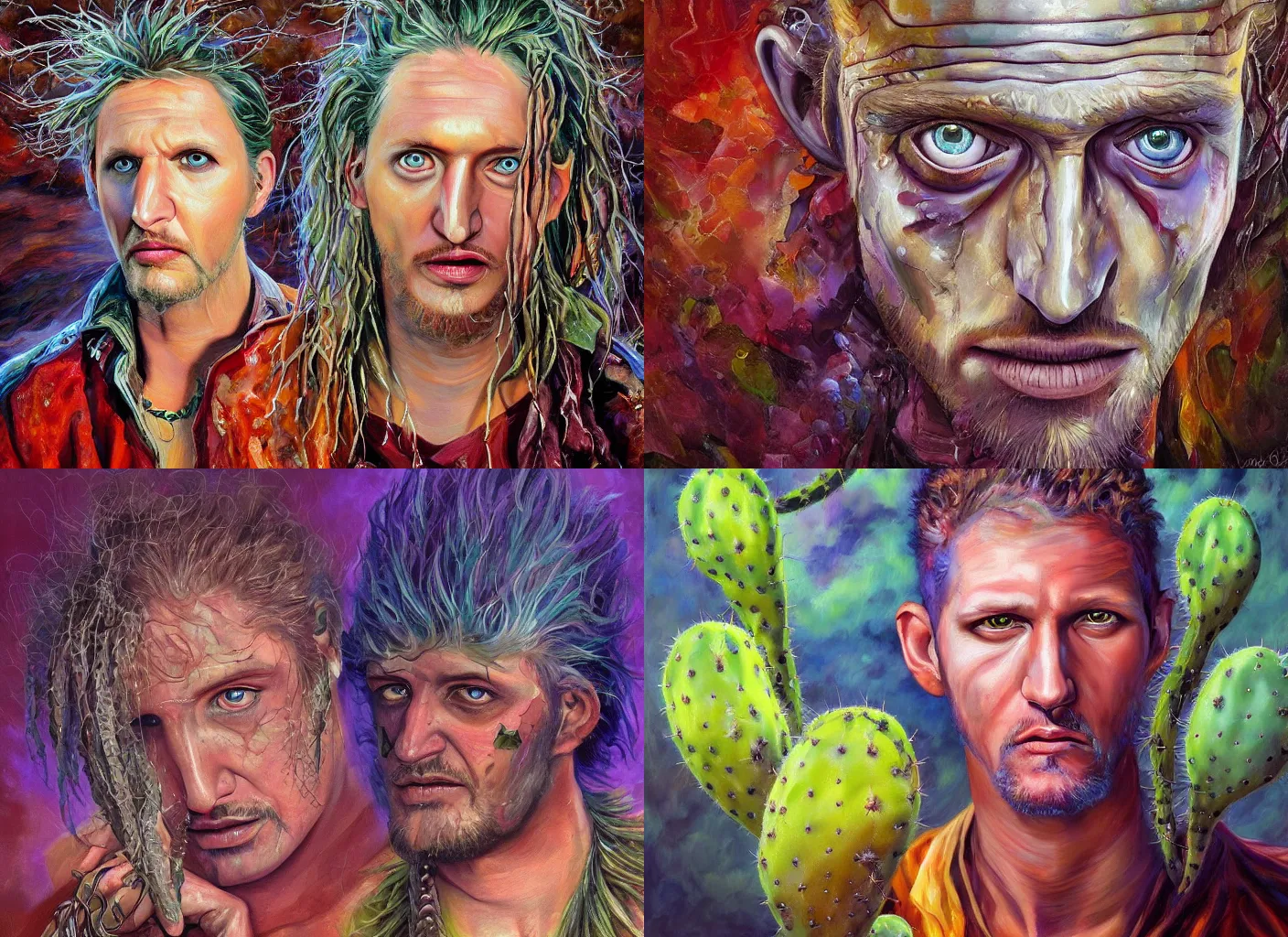 KREA layne staley portrait, peyote cactus desert, oil painting of