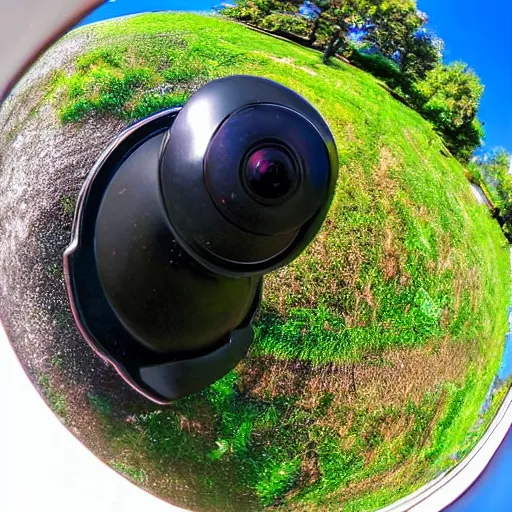 KREA fisheye view of dinosaur stealing packages, ring doorbell view