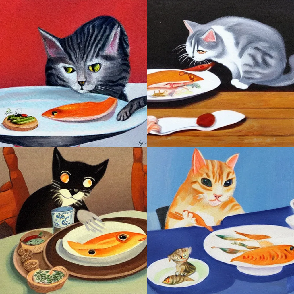 KREA a cute painting of a cat stealing a cooked fish from a plate on