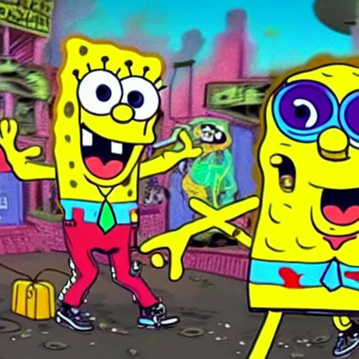 KREA SpongeBob and Sandy rapping, wearing cool rap outfits and
