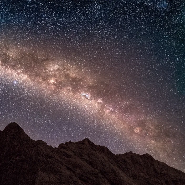 Milky Way as seen in the night sky of a distant alien planet with mountain surface, Milky Way as seen in the night sky of a distant alien planet with mountain surface,