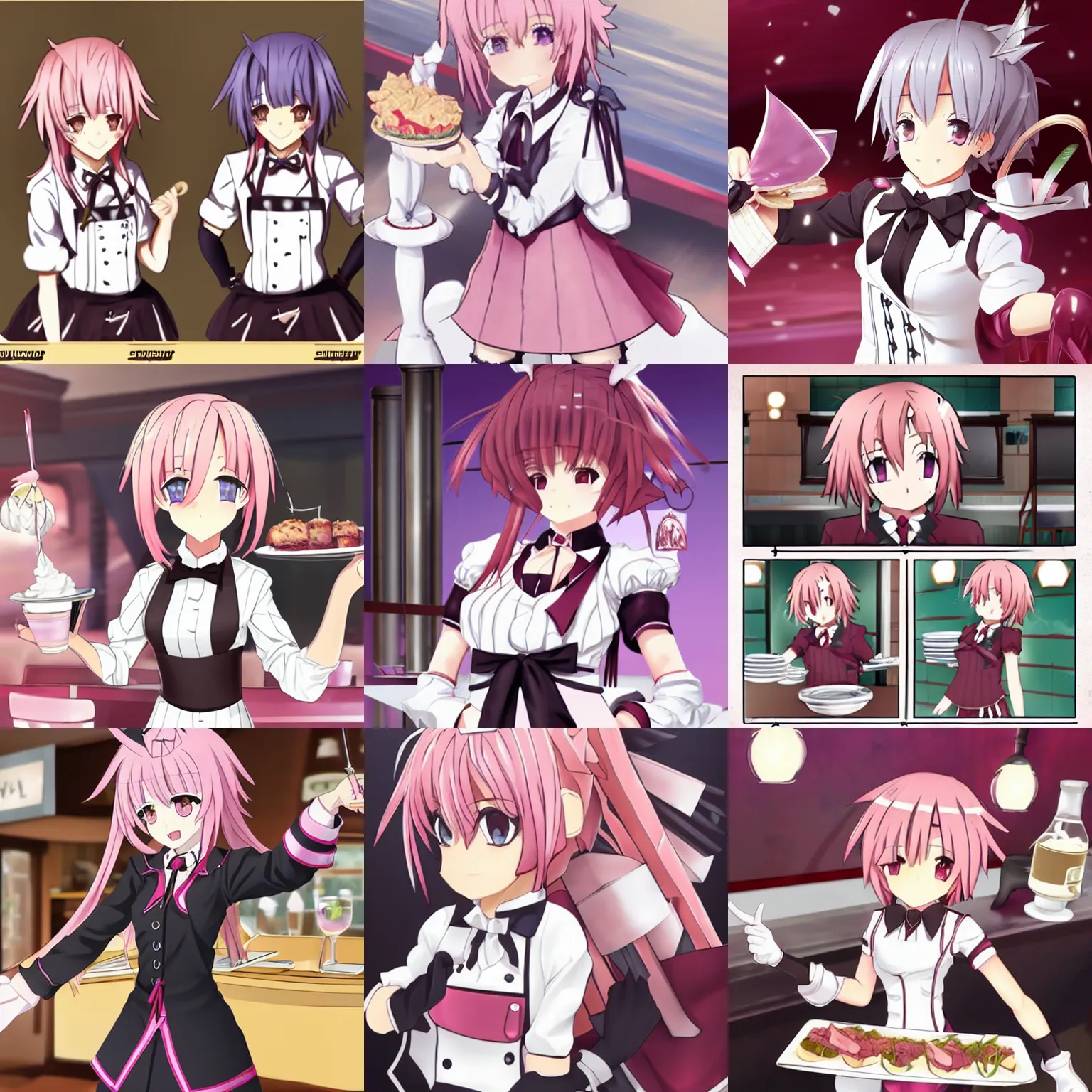 KREA - Astolfo from Fate working as a waiter and serving a family at Femboy  Denny's restaurant