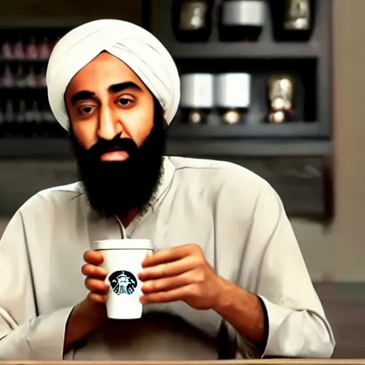 KREA osama bin laden drinking a starbucks coffee, 4 k, high