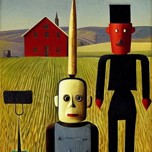 KREA Robot couple A couple of grim farmer robots with pitchfork, in