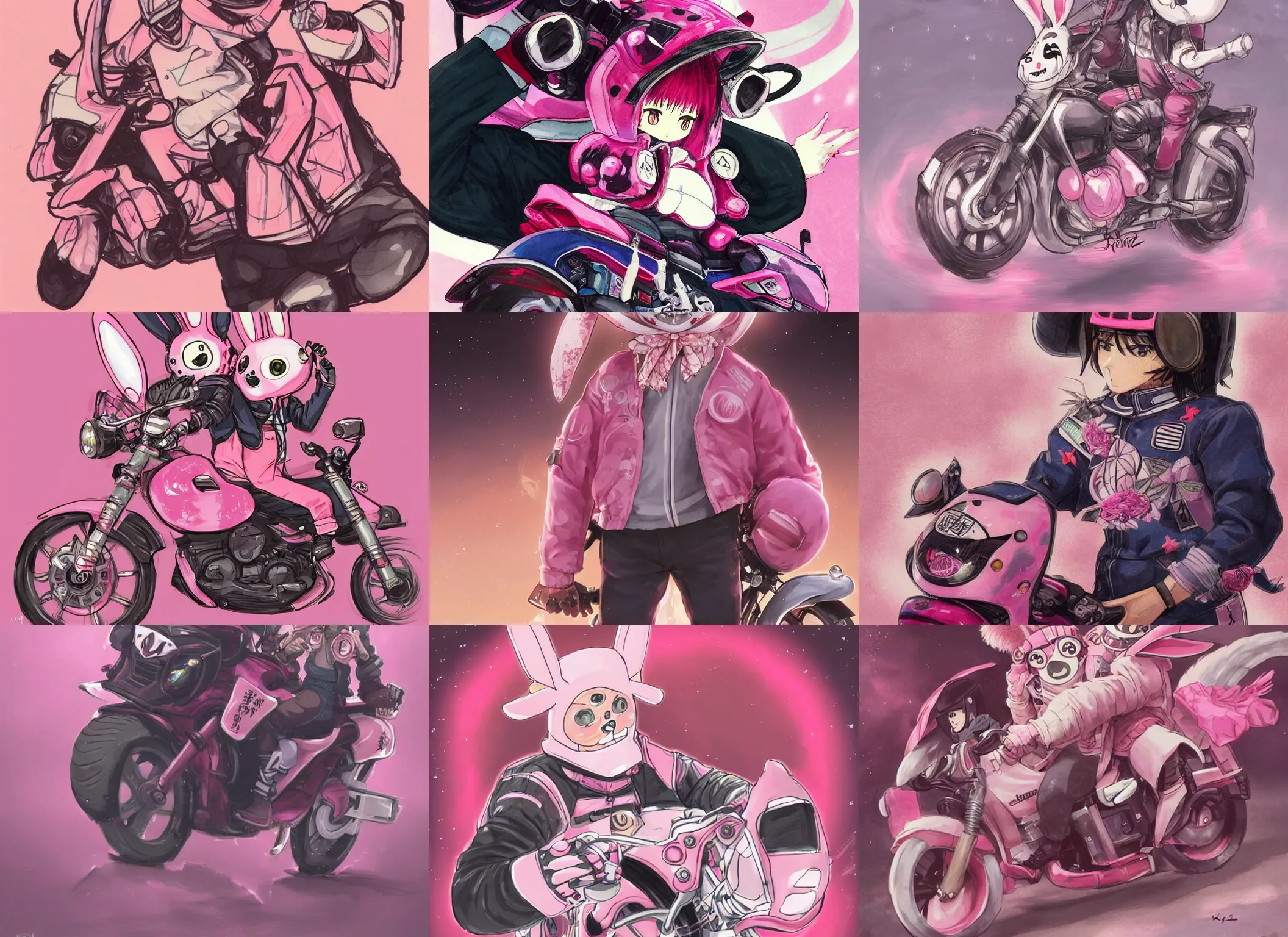 KREA official artwork of a half human yokai, motorcycle, helmet