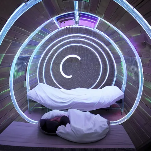 KREA sleeping healing pods, diverse humans sleeping in