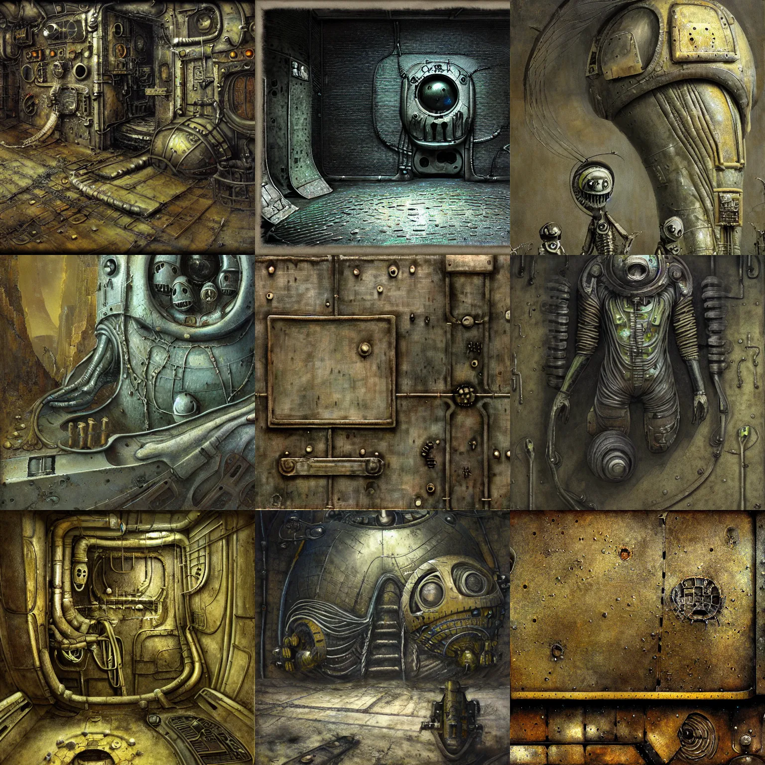 KREA scifi, machinarium giger, flat panels, diffuse texture, slime, muck, duct, dull flaking