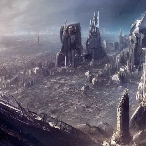 KREA A panoramic view of a city built atop a crashed meteor, concept