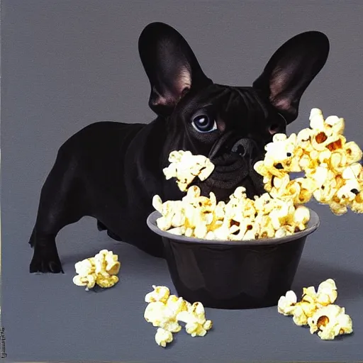KREA french bulldog eating popcorn, in the style of tomma abts