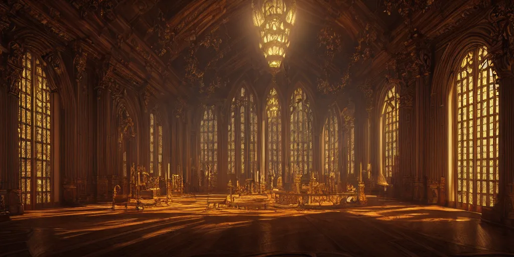 KREA majestic ornate great hall, grand library, baroque, torches