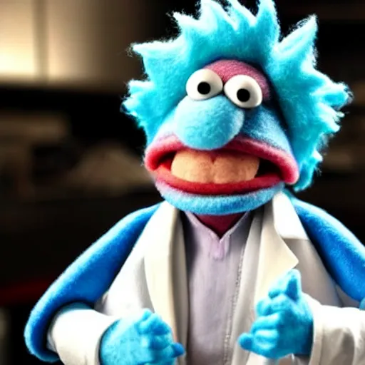 KREA rick sanchez as a muppet with blue hair wearing a white lab coat. highly detailed felt