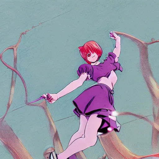 KREA anime girl wearing purple dress, red shoes, red hair tie, white tights, extremely