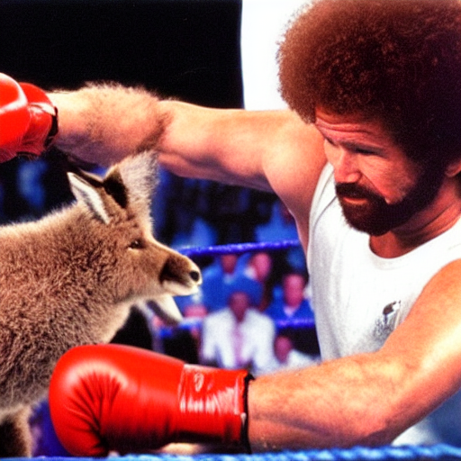 KREA Bob Ross fighting a kangaroo in a boxing ring