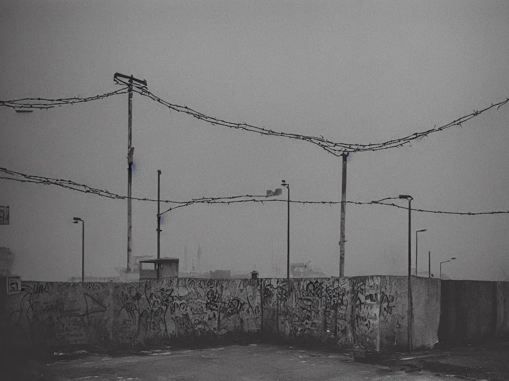 KREA “35mm film photography of Berlin Wall, concrete, bright graffiti