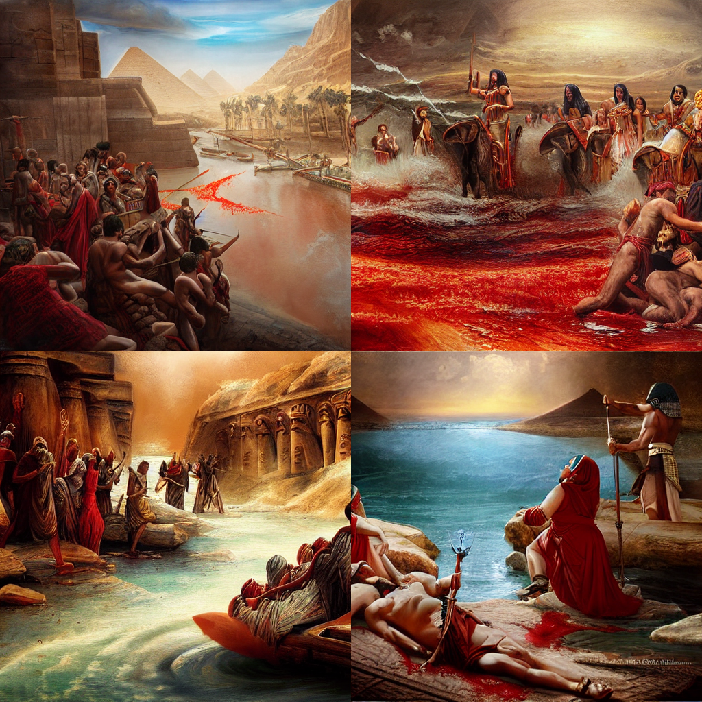 KREA Egyptian river of blood, bible story, realistic painting