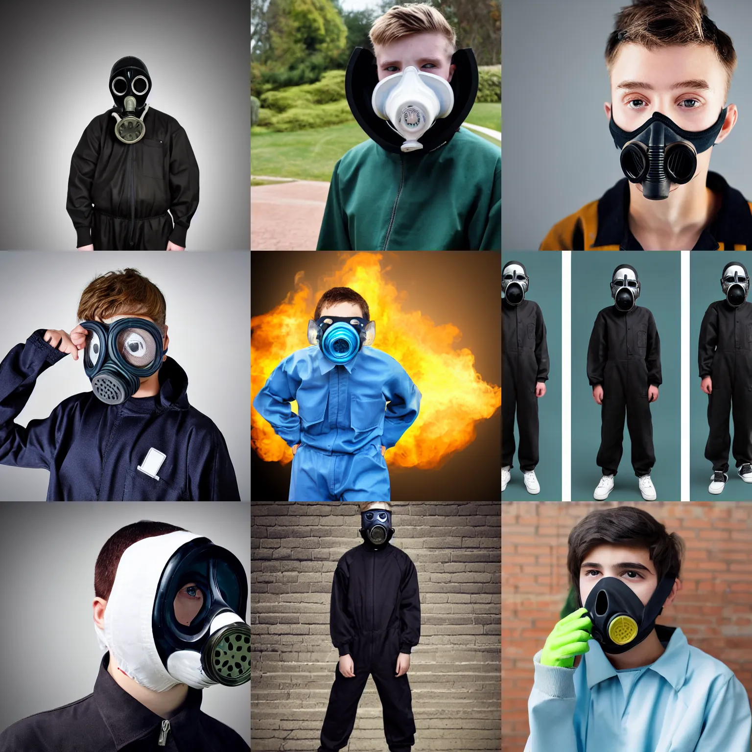 KREA teenager wearing a boiler suit and a futuristic full face gas mask