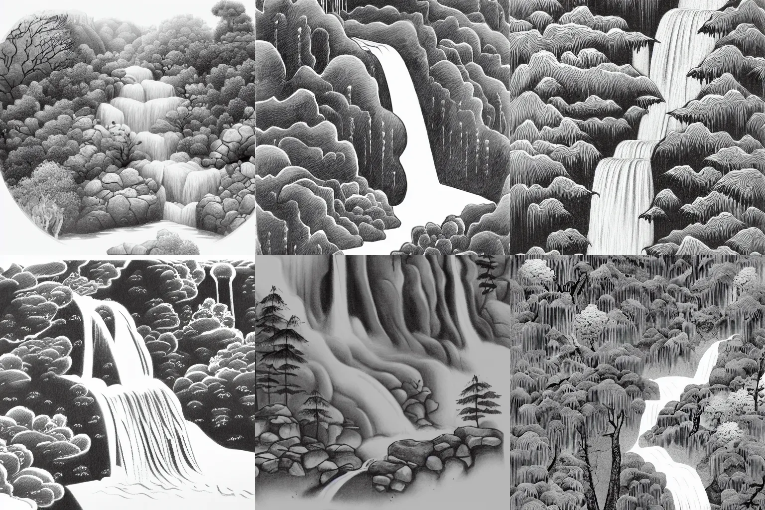 KREA an endless waterfall, detailed sumie illustration