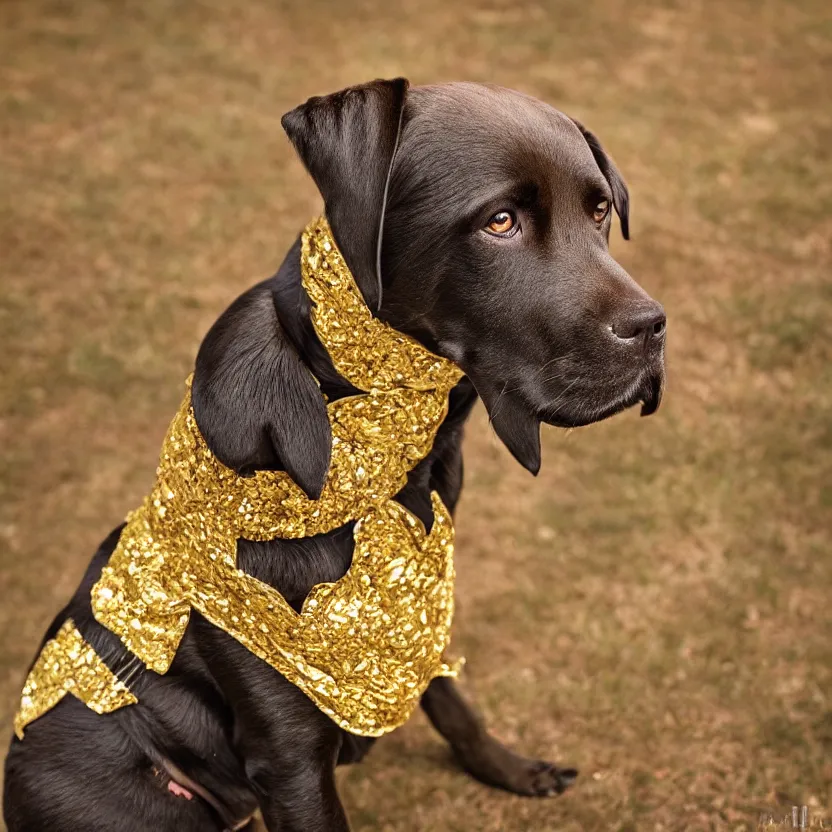 KREA a photo of a female labrador dog wearing golden noble clothes