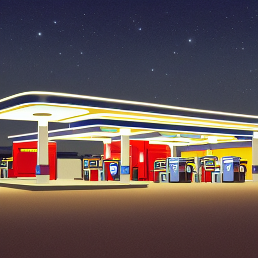 a gas station at night by emiliano ponzi, ault, featured on
