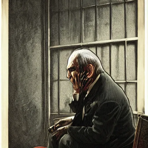 KREA angry old man in chair inside a dark house, painting by tim bradstreet and michael whelan