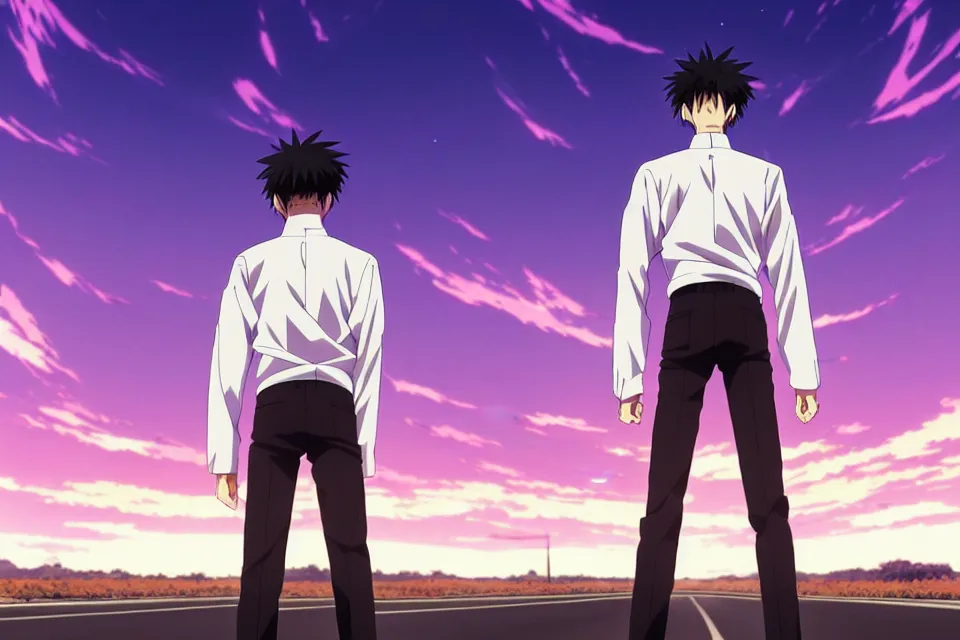 anime illustration of ikari shinji wesring a white shirt and black pants, his black evangelion unit - anime illustration of ikari shinji wesring a white shirt and black pants, his black evangelion unit -
