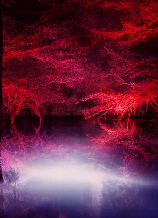 KREA photography at night of an ethereal red pond, a central sunlight