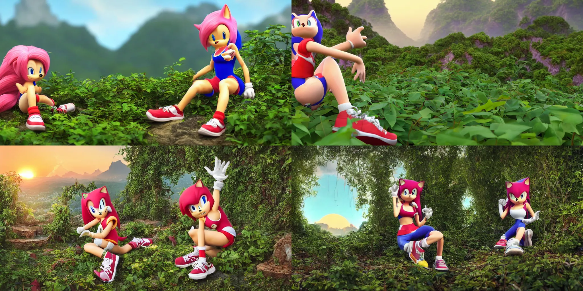 KREA - low angle fish lens shot of Amy Rose from Sonic Boom wearing a  summer shirt and shorts, sitting down in a casual pose with one knee raised  up, her foot