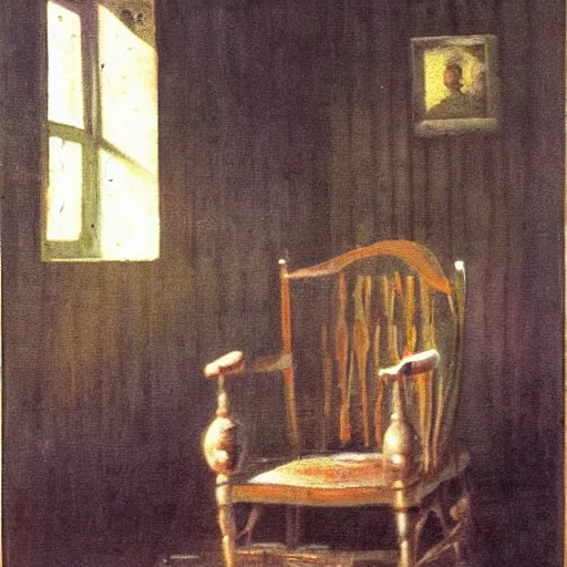 KREA angry old man in chair inside a dark house, painting by by ralph grady james, jean